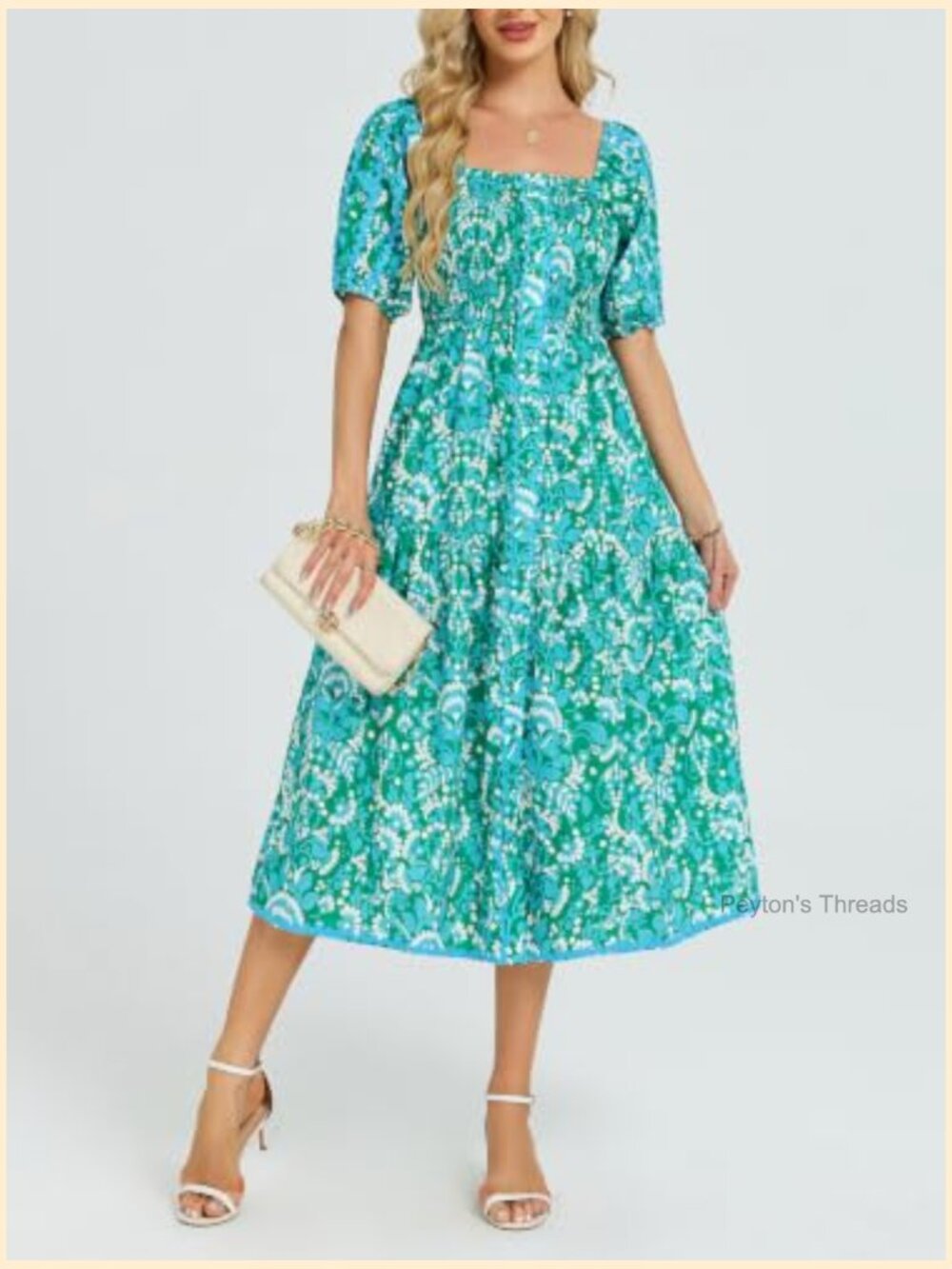 Boho Floral Print Square Neck Ruffle Swing Beach Vacation Maxi Dress - Picture 4 of 6
